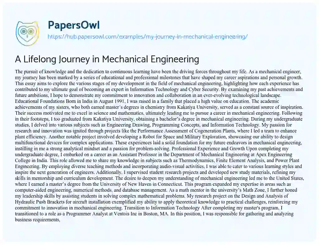 Essay on A Lifelong Journey in Mechanical Engineering