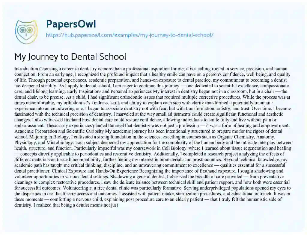Essay on My Journey to Dental School