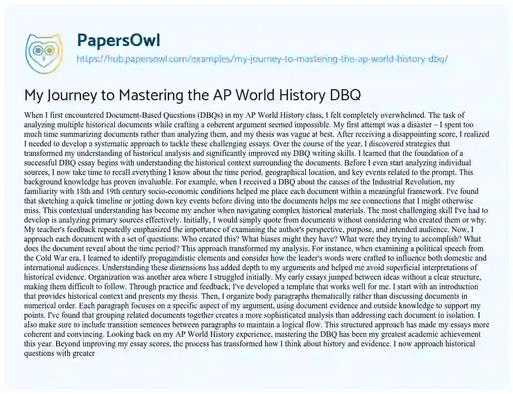 Essay on My Journey to Mastering the AP World History DBQ