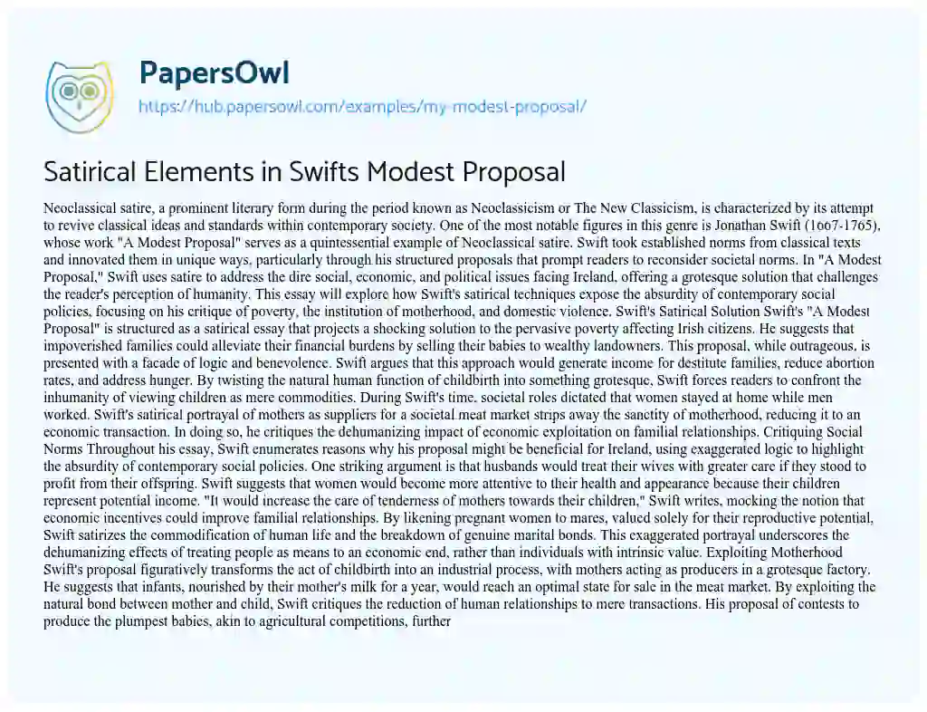 Essay on Satirical Elements in Swifts Modest Proposal