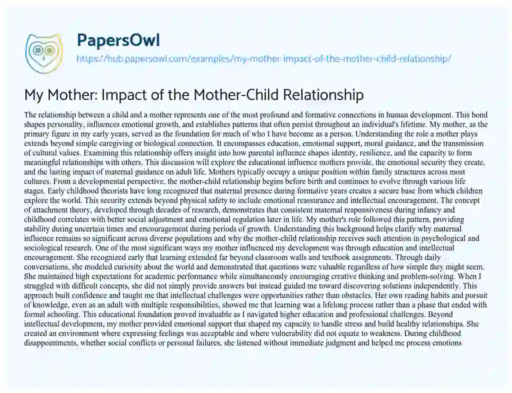 Essay on My Mother: Impact of the Mother-Child Relationship