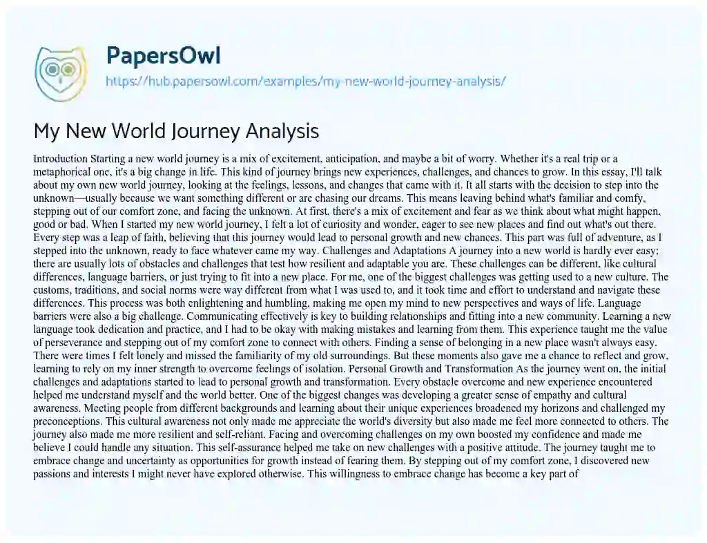 Essay on My New World Journey Analysis