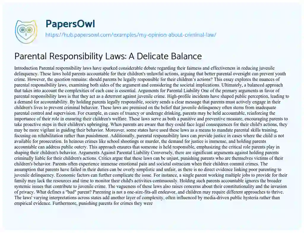 Essay on Parental Responsibility Laws: A Delicate Balance