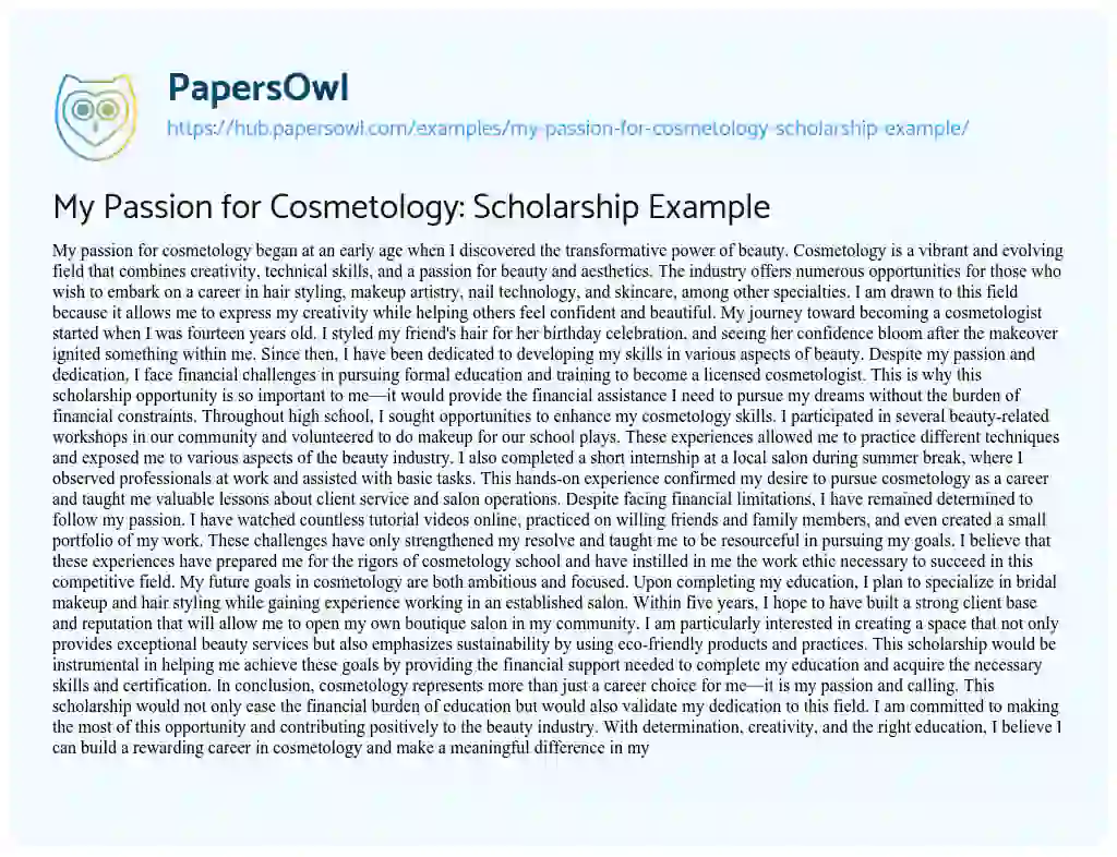 Essay on My Passion for Cosmetology: Scholarship Example