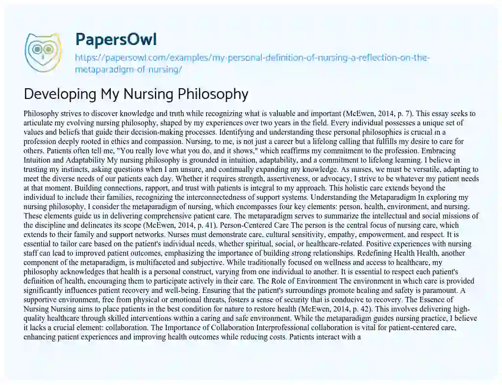 Essay on Developing My Nursing Philosophy