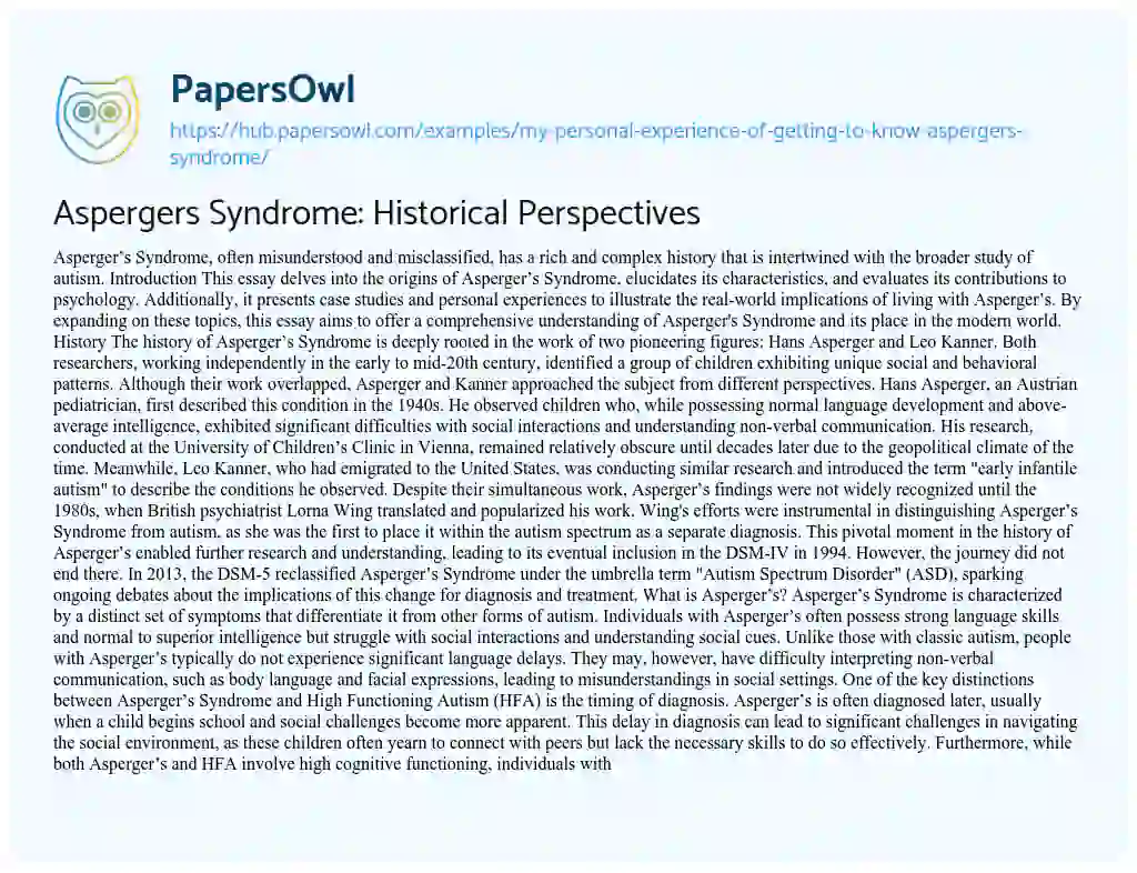 Essay on Aspergers Syndrome: Historical Perspectives