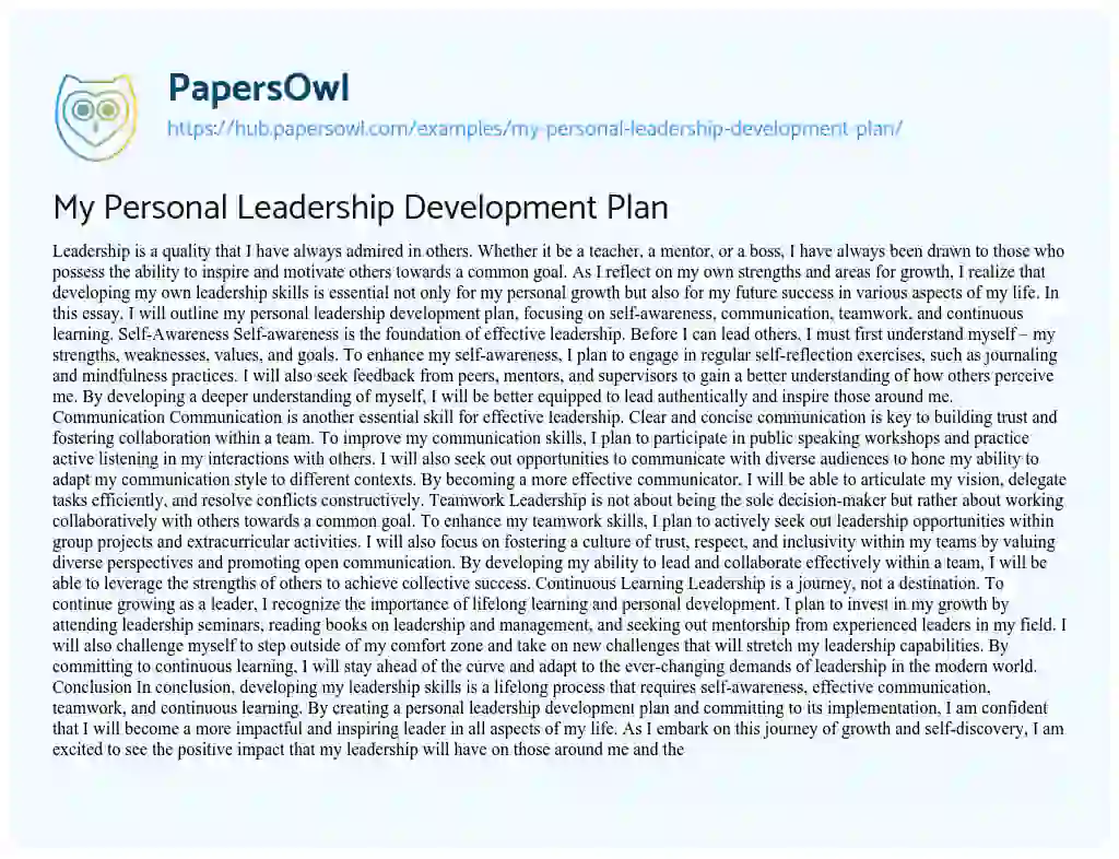 Essay on My Personal Leadership Development Plan