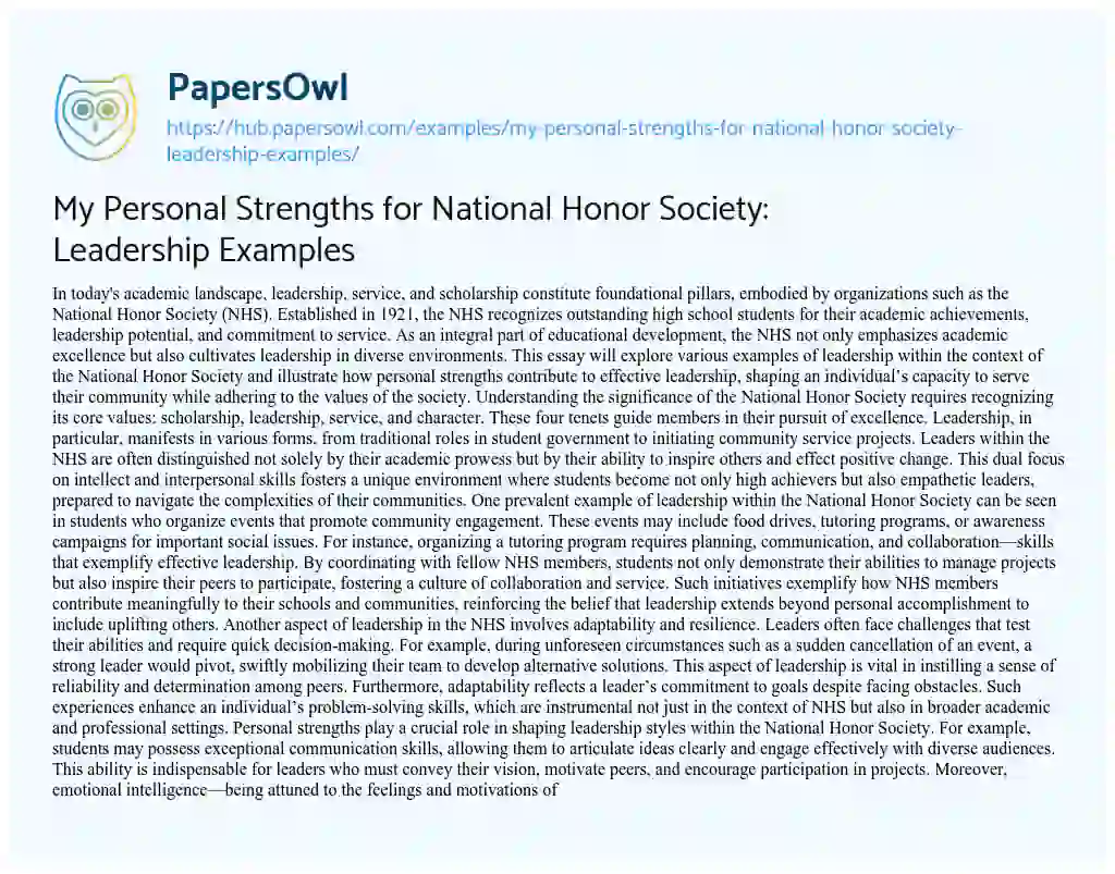 Essay on My Personal Strengths for National Honor Society: Leadership Examples