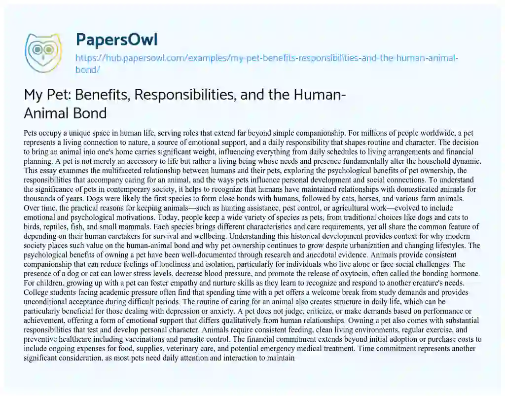 Essay on My Pet: Benefits, Responsibilities, and the Human-Animal Bond