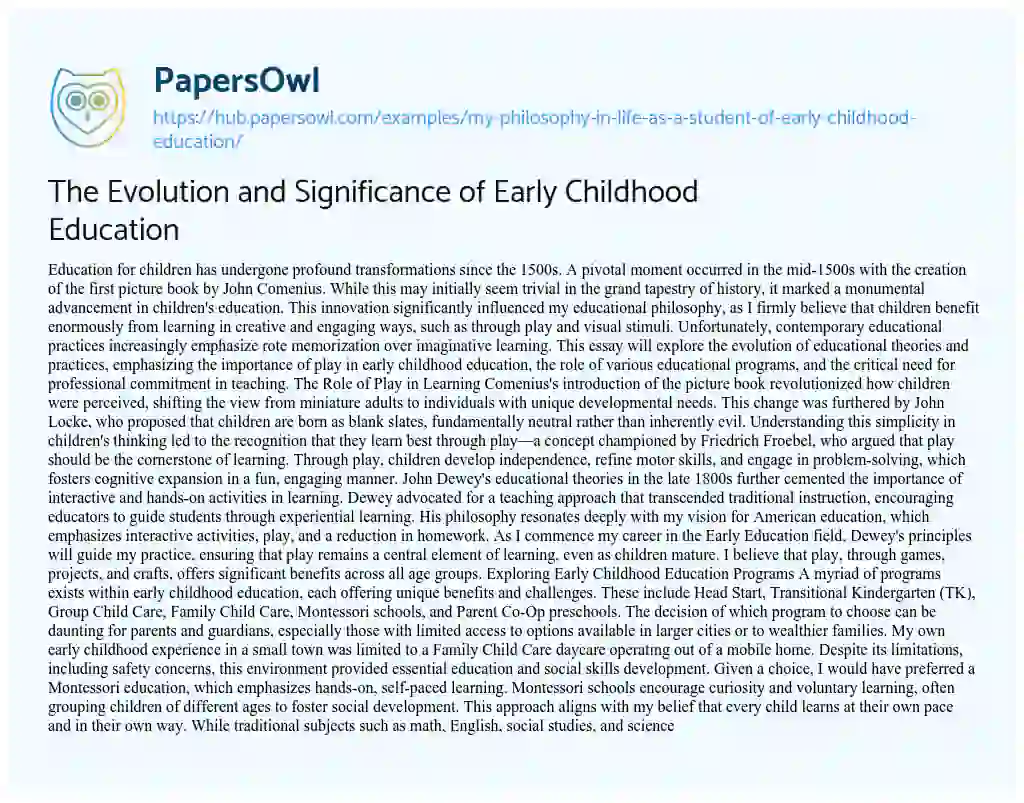 Essay on The Evolution and Significance of Early Childhood Education