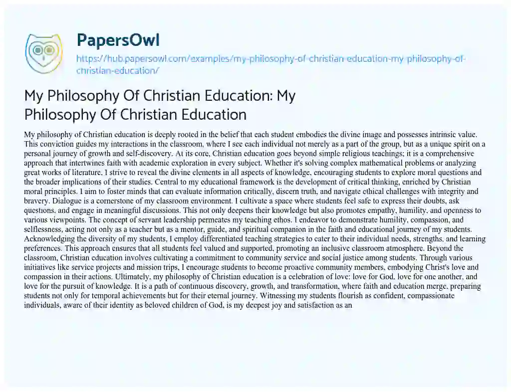Essay on My Philosophy Of Christian Education: My Philosophy Of Christian Education