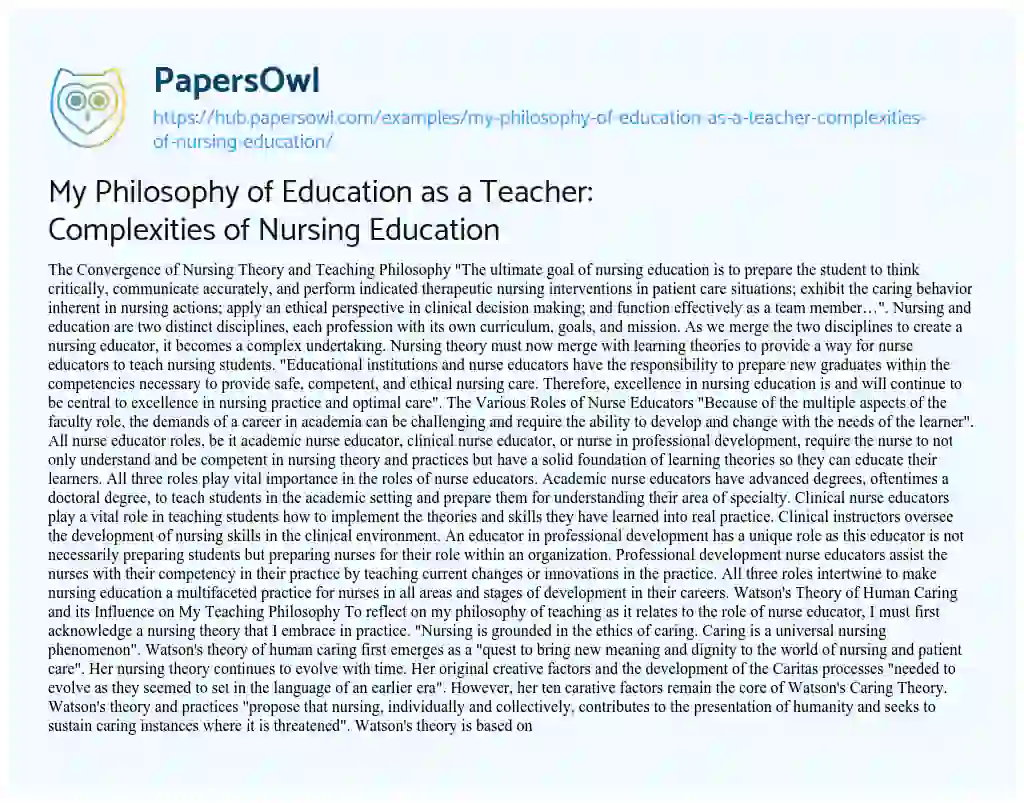 Essay on My Philosophy of Education as a Teacher: Complexities of Nursing Education