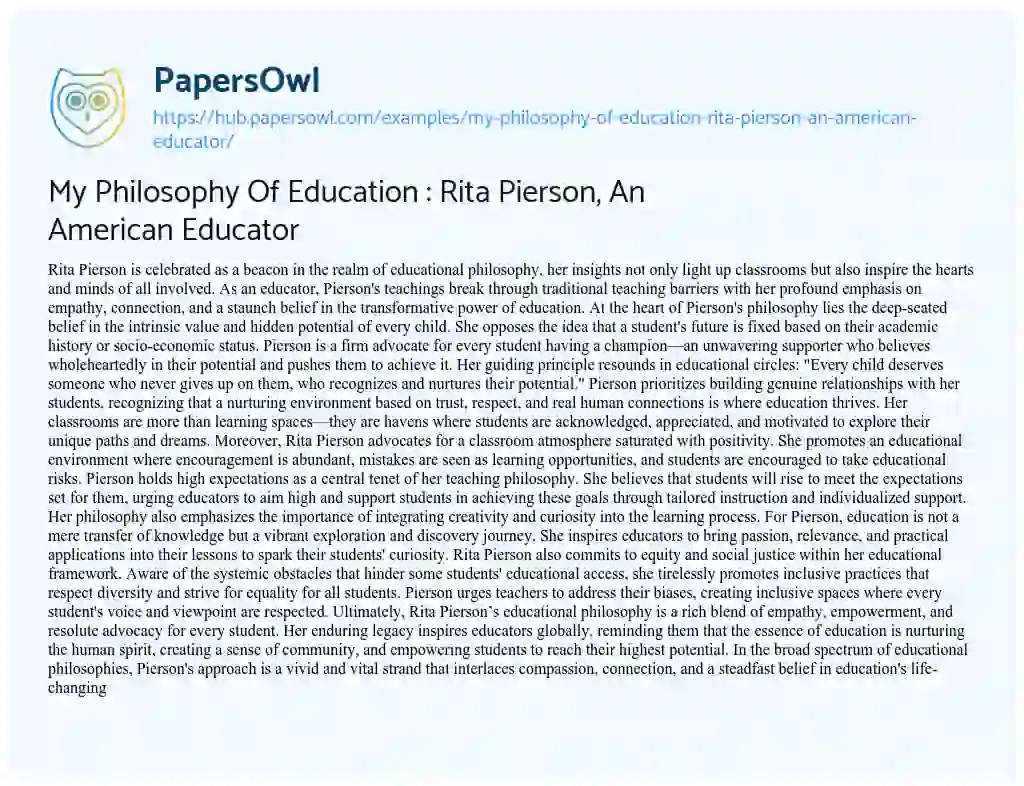 Essay on My Philosophy Of Education : Rita Pierson, An American Educator