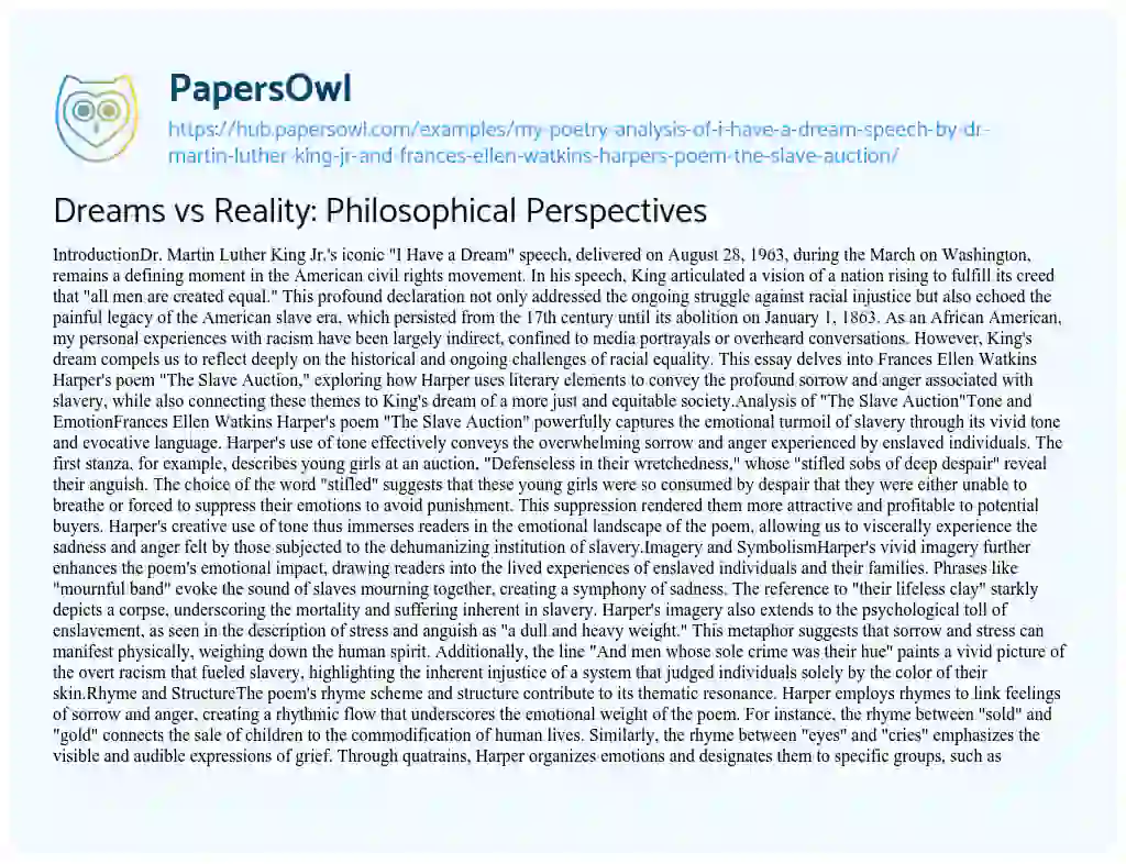 Essay on Dreams vs Reality: Philosophical Perspectives