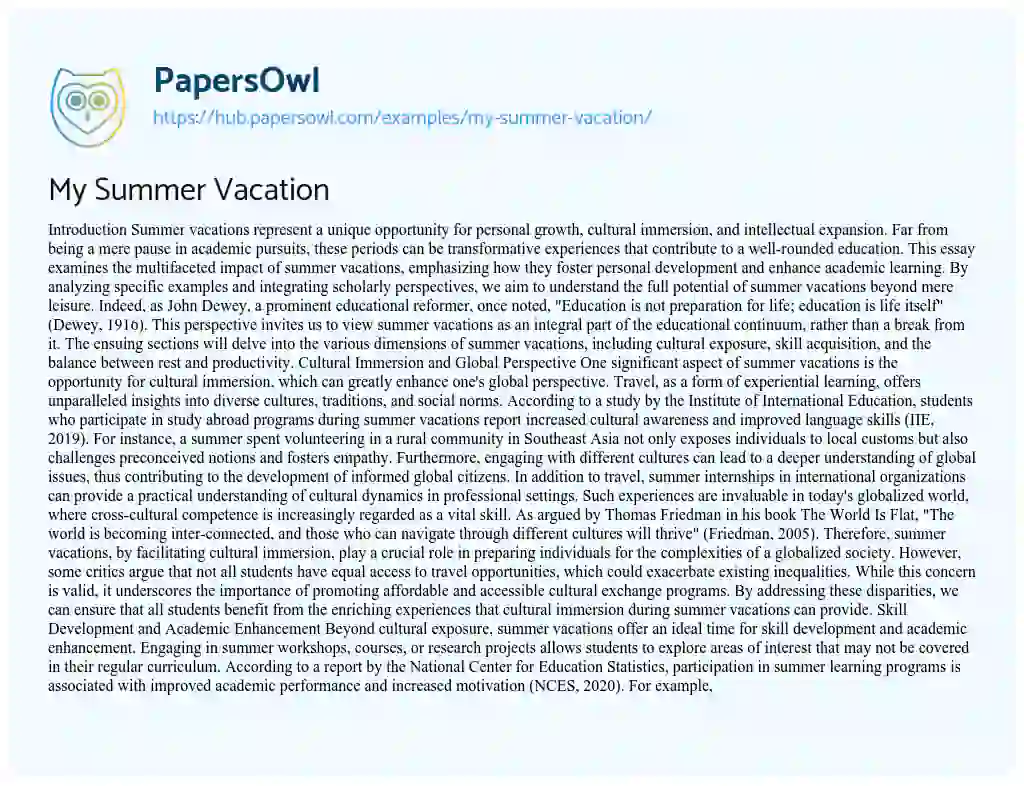 Essay on My Summer Vacation