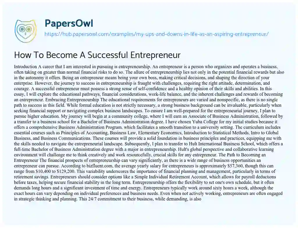 Essay on How To Become A Successful Entrepreneur