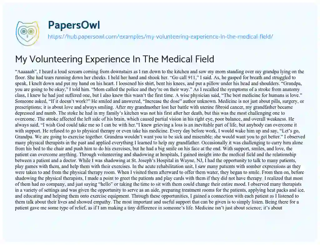 Essay on My Volunteering Experience In The Medical Field