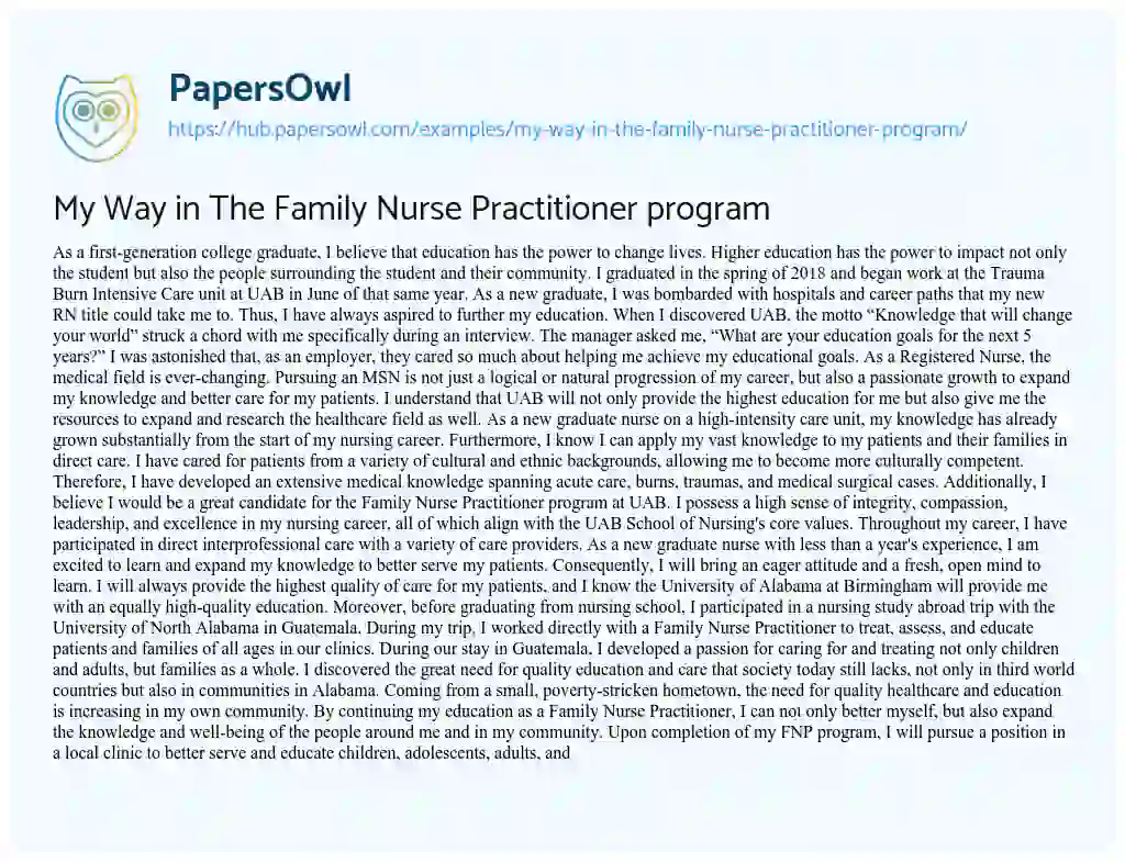 Essay on My Way in The Family Nurse Practitioner program