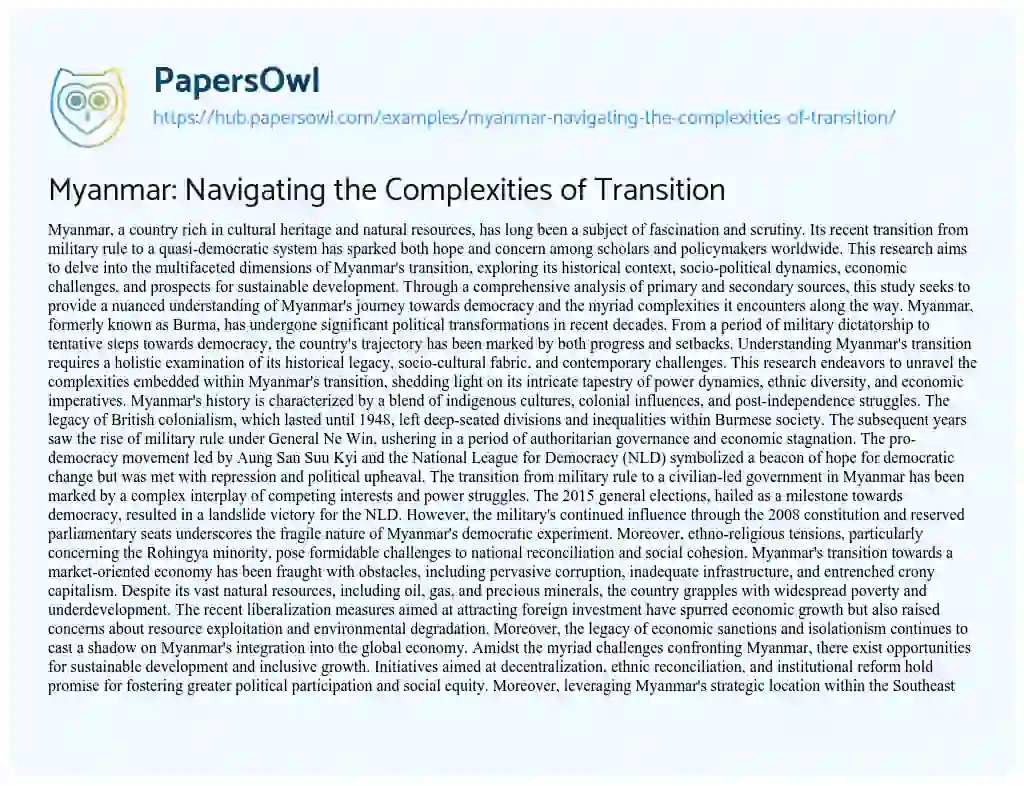 Essay on Myanmar: Navigating the Complexities of Transition