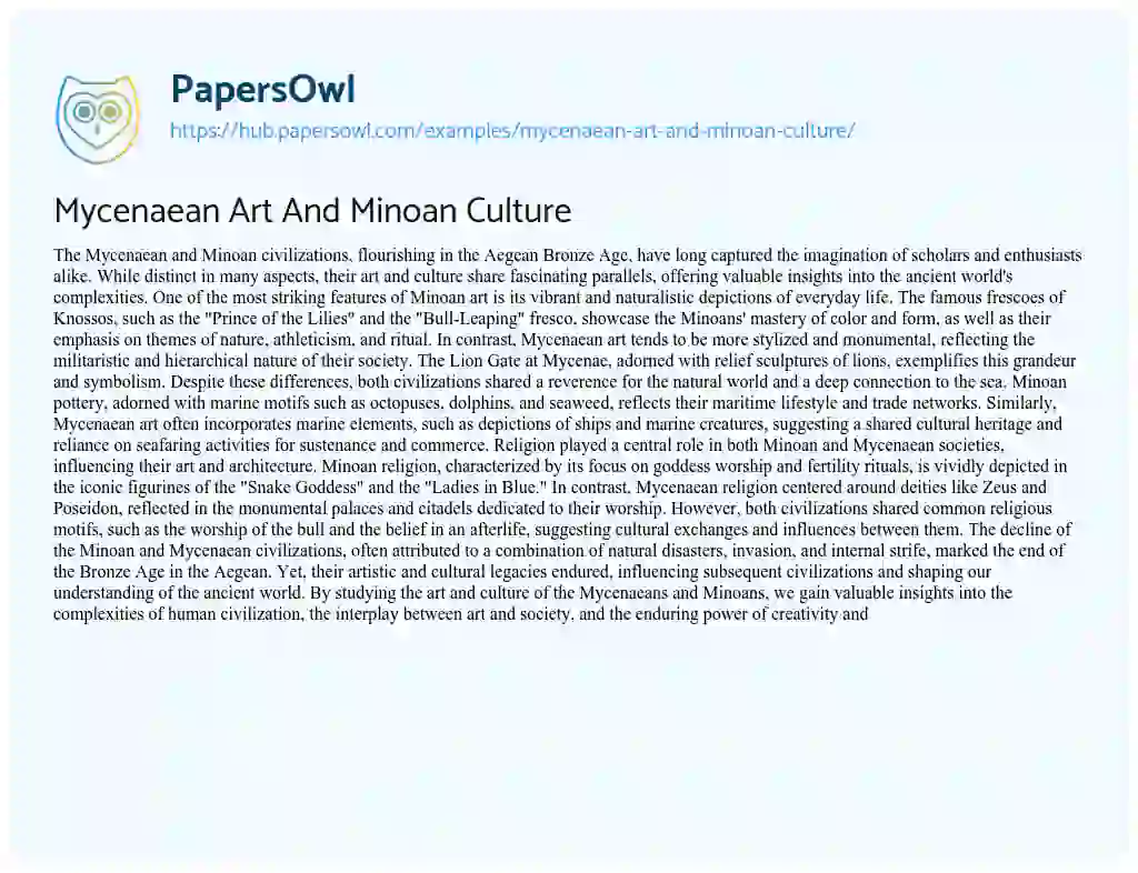 Essay on Mycenaean Art And Minoan Culture
