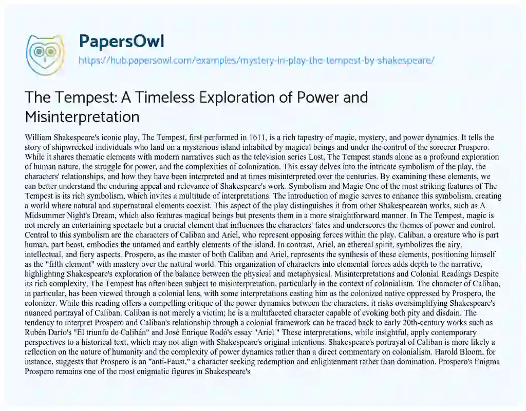 Essay on The Tempest: A Timeless Exploration of Power and Misinterpretation