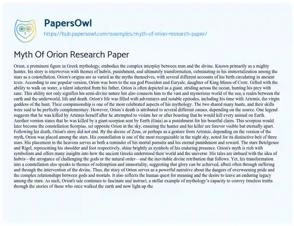 Essay on Myth Of Orion Research Paper