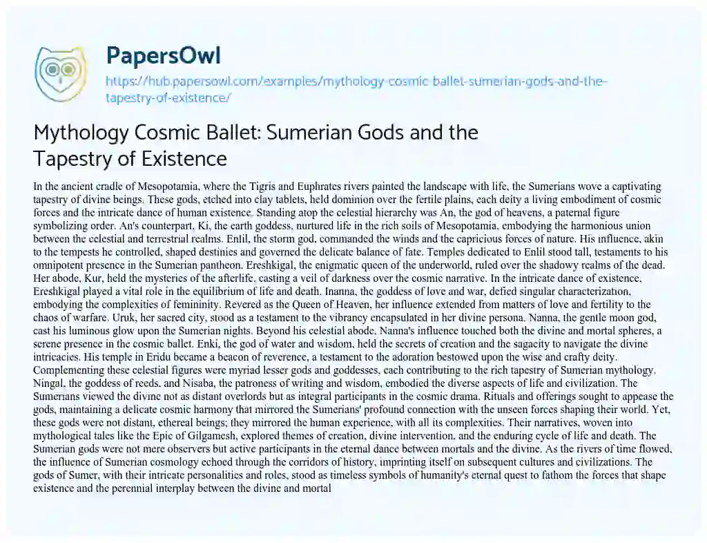 Essay on Mythology Cosmic Ballet: Sumerian Gods and the Tapestry of Existence