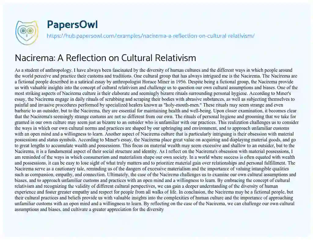 Essay on Nacirema: A Reflection on Cultural Relativism