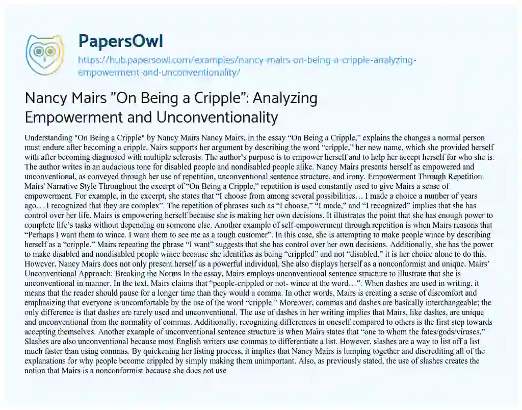 Essay on Nancy Mairs “On Being a Cripple”: Analyzing Empowerment and Unconventionality