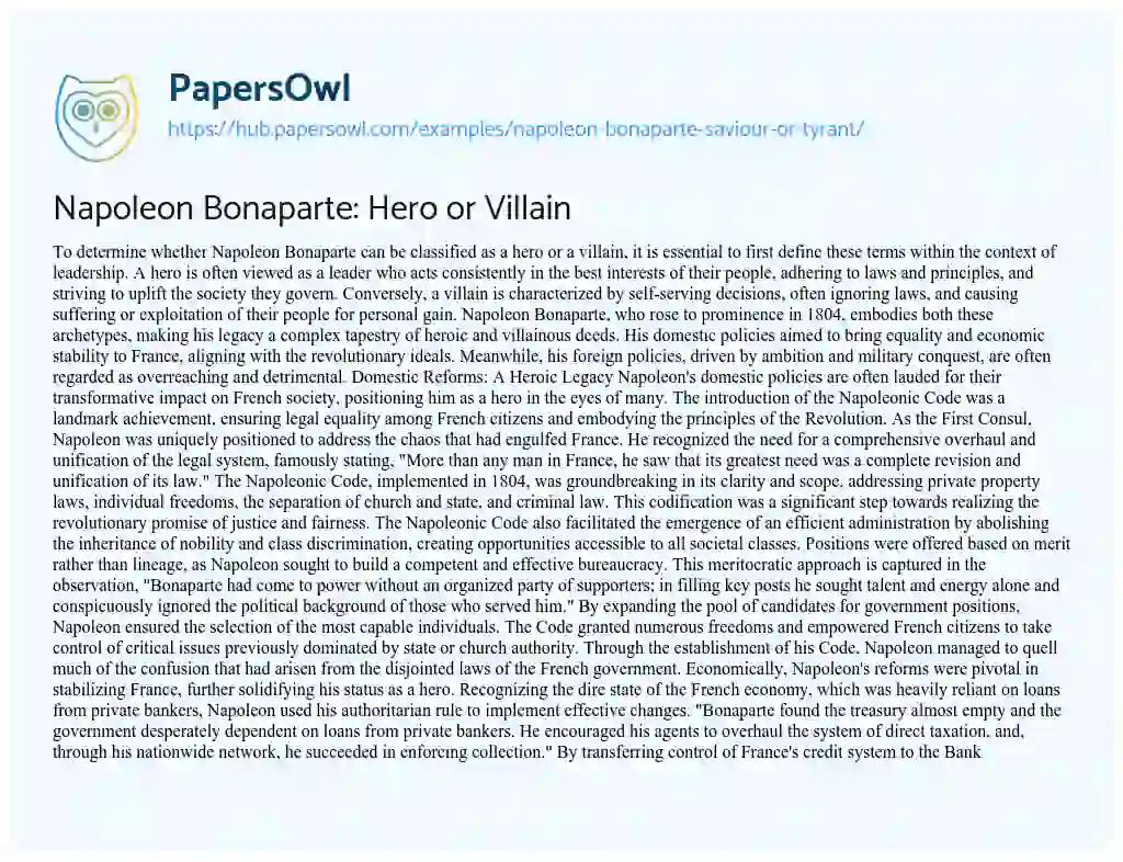 Essay on Napoleon Bonaparte: Hero or Villain