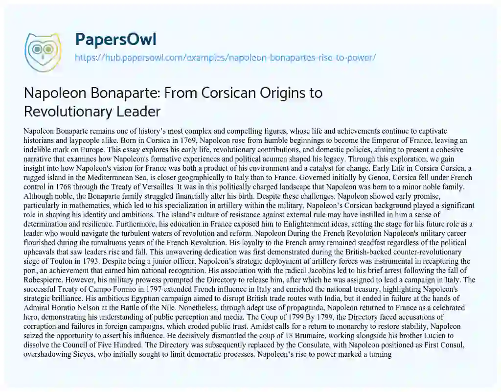 Essay on Napoleon Bonaparte: From Corsican Origins to Revolutionary Leader
