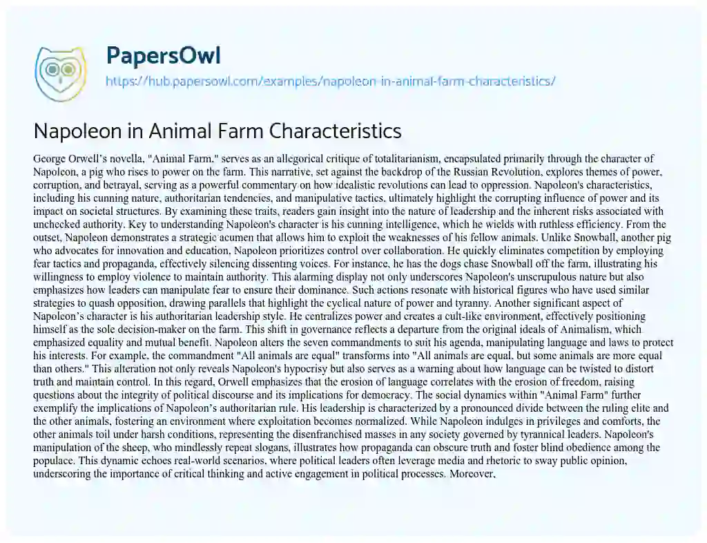 Essay on Napoleon in Animal Farm Characteristics