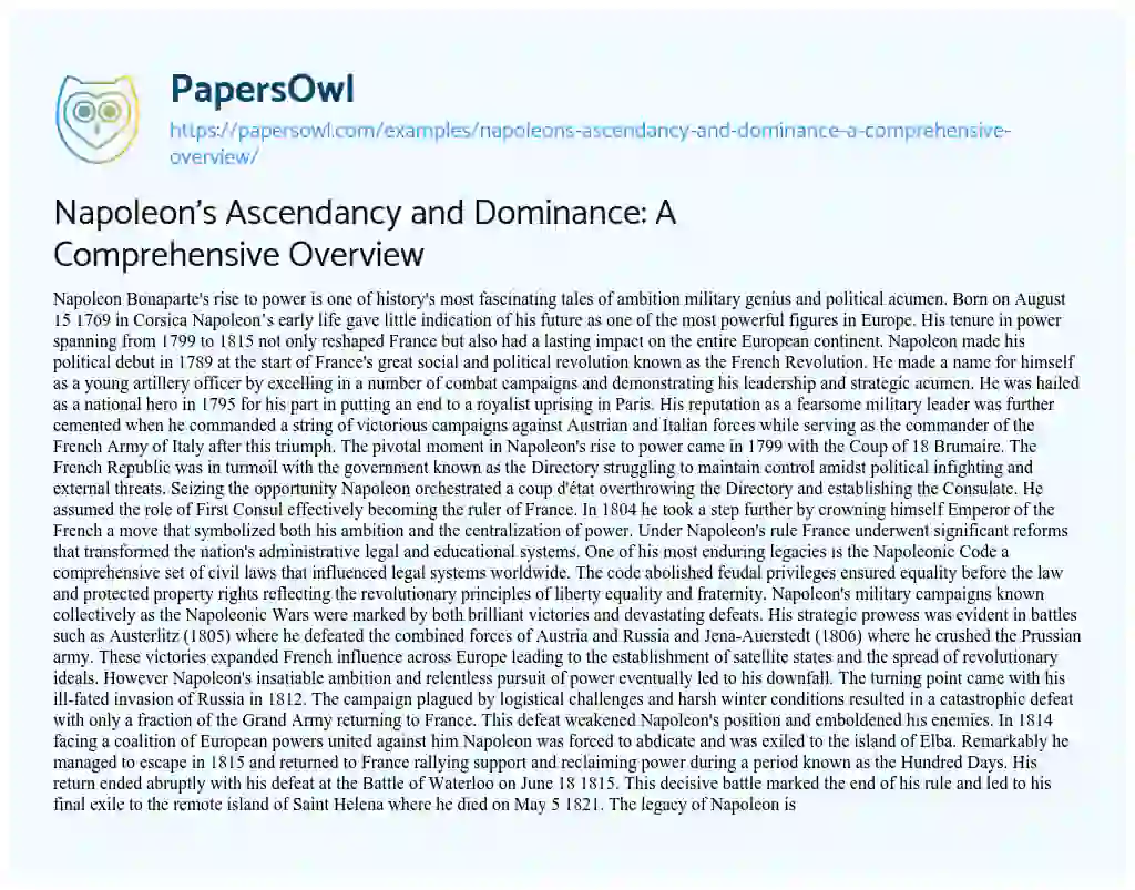 Essay on Napoleon’s Ascendancy and Dominance: A Comprehensive Overview