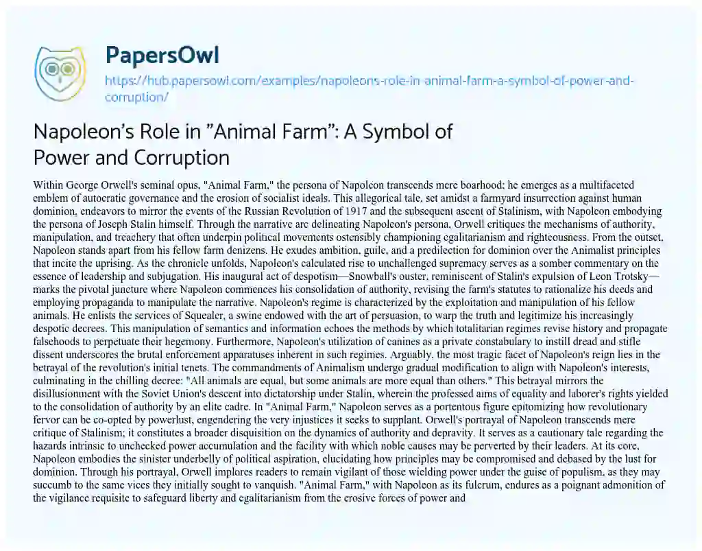 Essay on Napoleon’s Role in “Animal Farm”: A Symbol of Power and Corruption