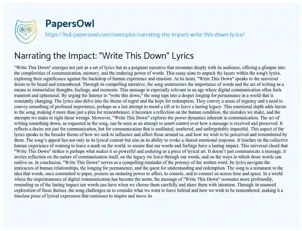 Essay on Narrating the Impact: “Write This Down” Lyrics