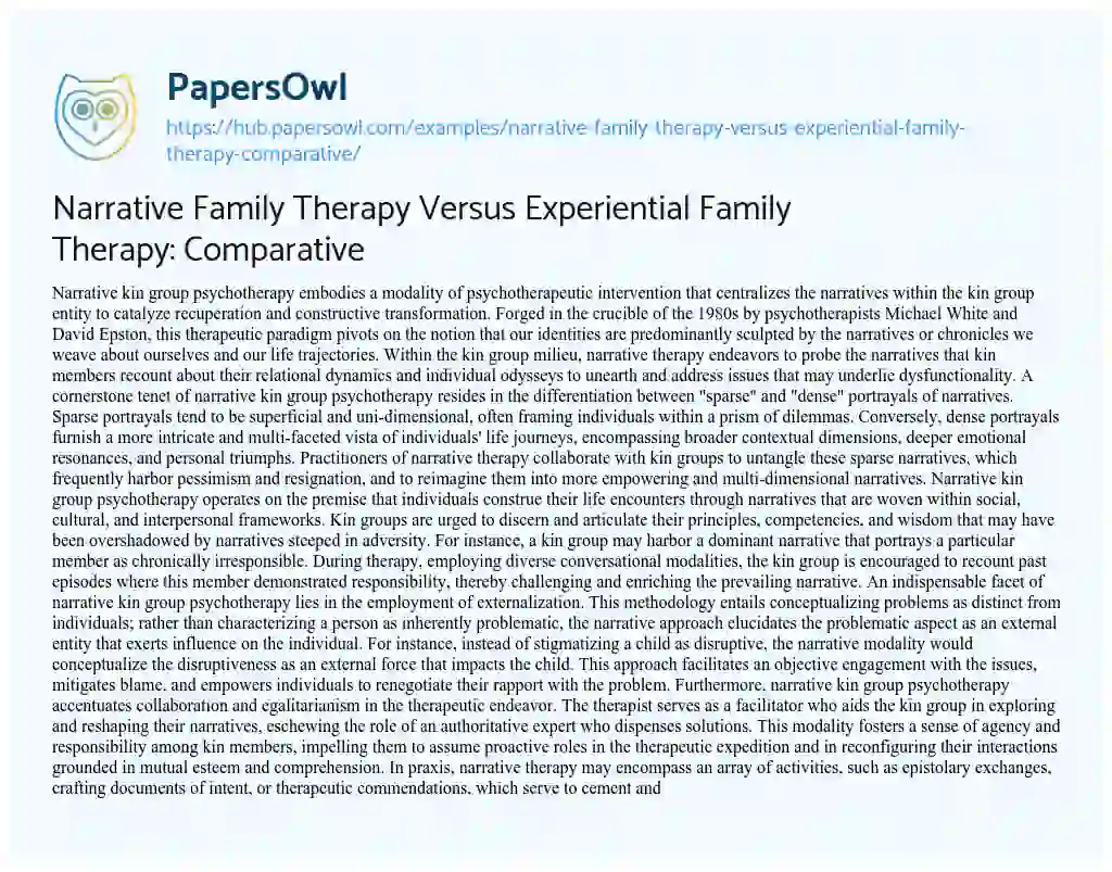 Essay on Narrative Family Therapy Versus Experiential Family Therapy: Comparative