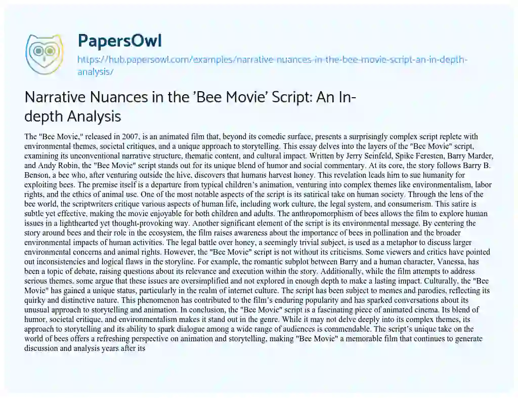 Essay on Narrative Nuances in the ‘Bee Movie’ Script: An In-depth Analysis