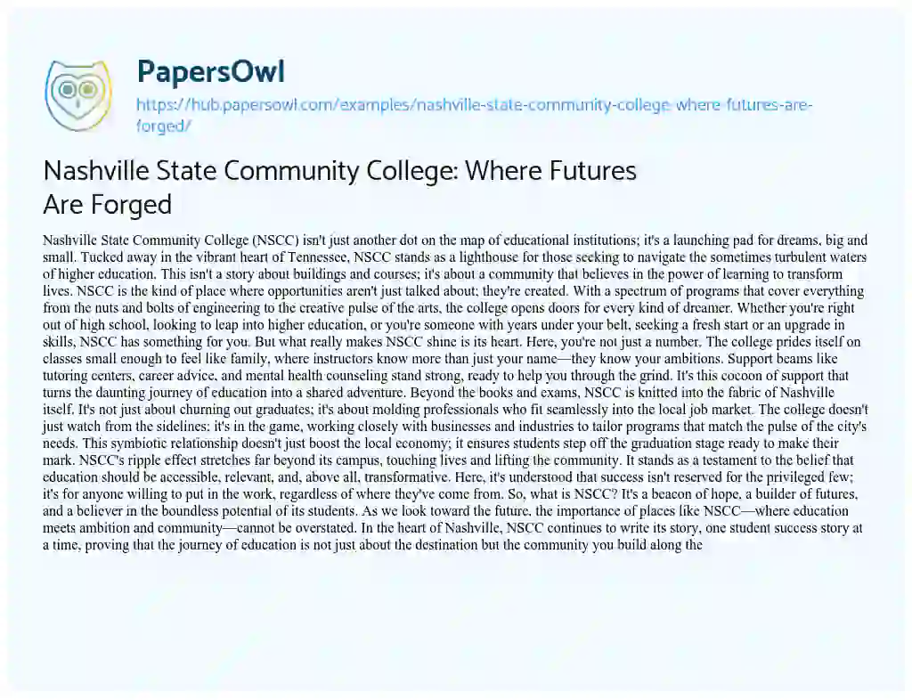 Essay on Nashville State Community College: Where Futures Are Forged