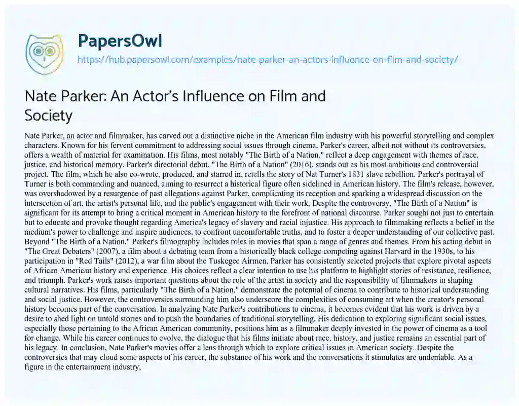 Essay on Nate Parker: An Actor’s Influence on Film and Society