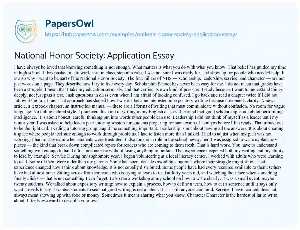 Essay on National Honor Society: Application Essay
