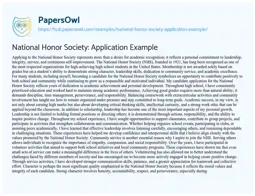 Essay on National Honor Society: Application Example