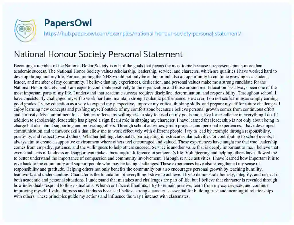 Essay on National Honour Society Personal Statement