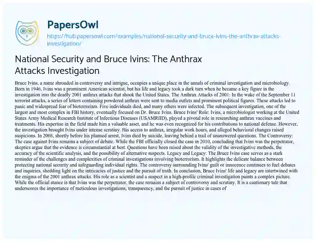 Essay on National Security and Bruce Ivins: The Anthrax Attacks Investigation