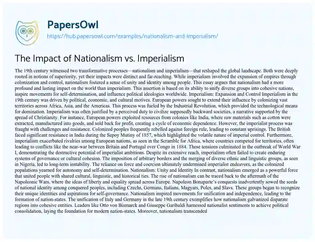 Essay on The Impact of Nationalism vs. Imperialism