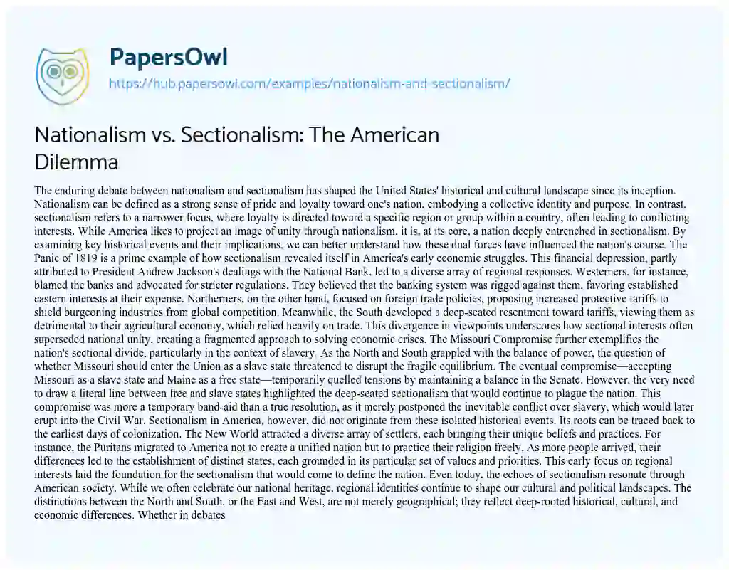Essay on Nationalism vs. Sectionalism: The American Dilemma