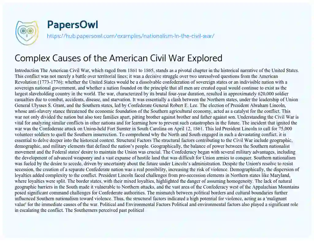 Essay on Complex Causes of the American Civil War Explored