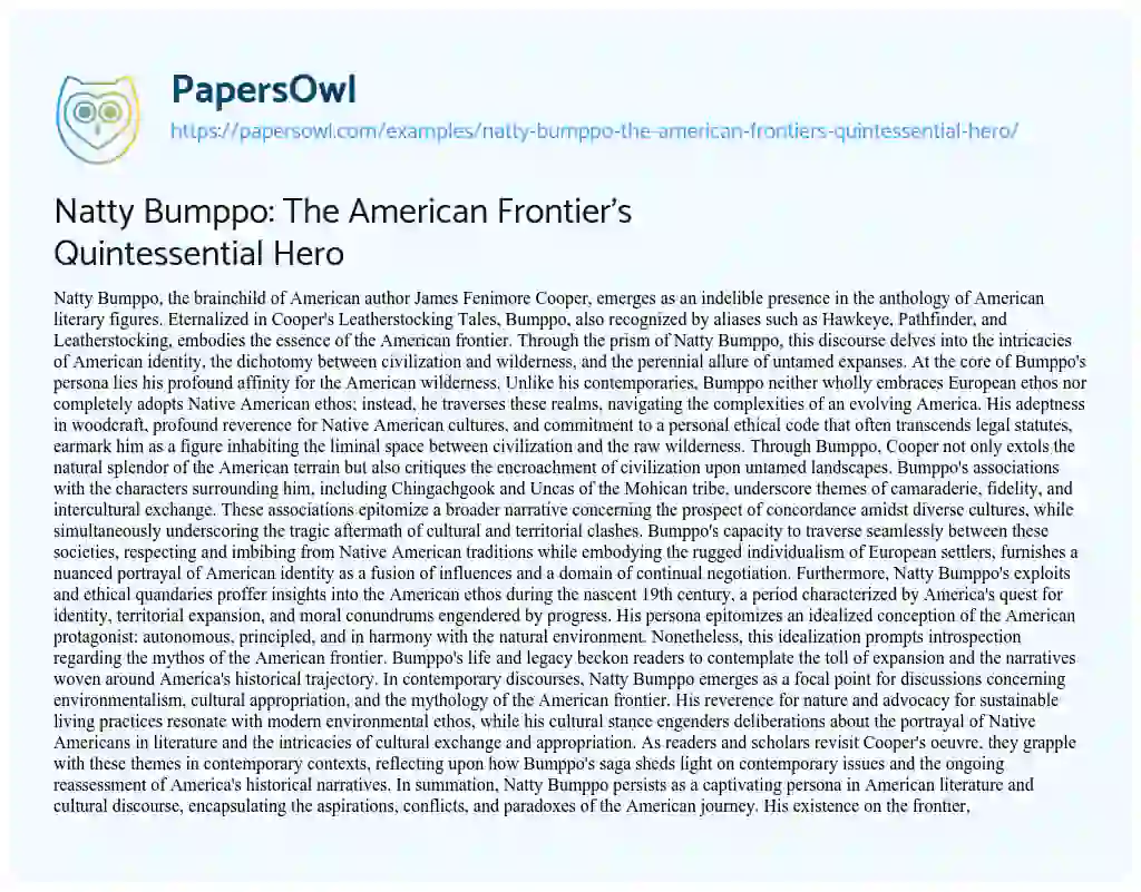 Essay on Natty Bumppo: The American Frontier’s Quintessential Hero