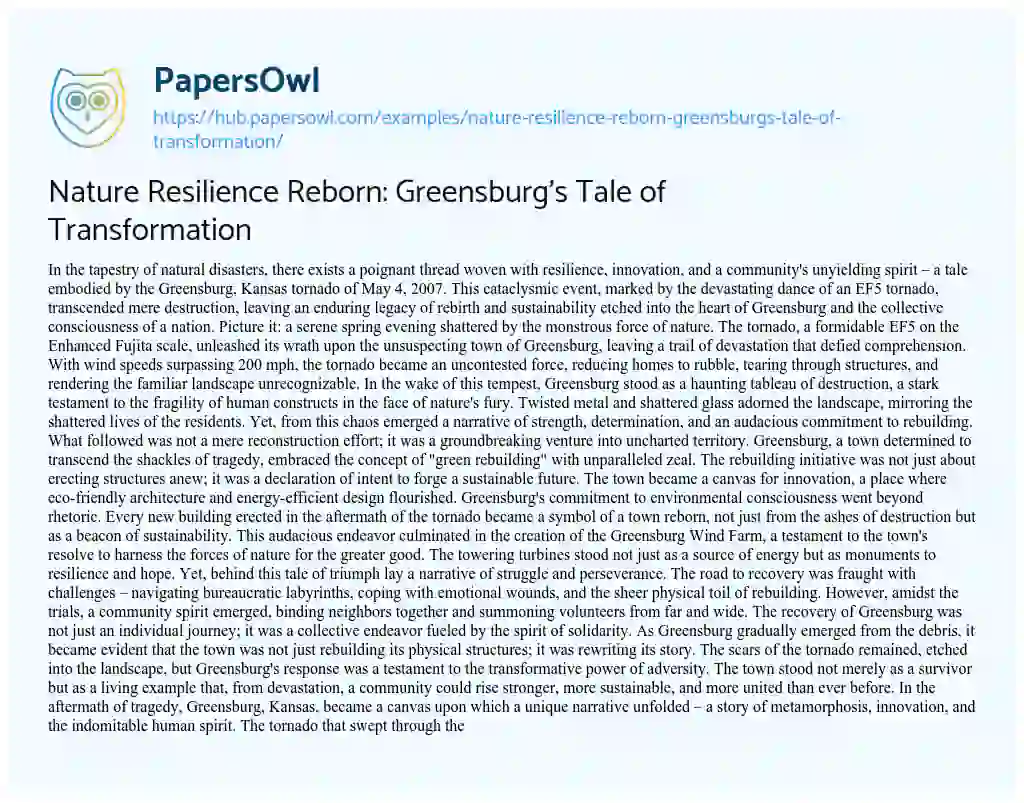 Essay on Nature Resilience Reborn: Greensburg’s Tale of Transformation