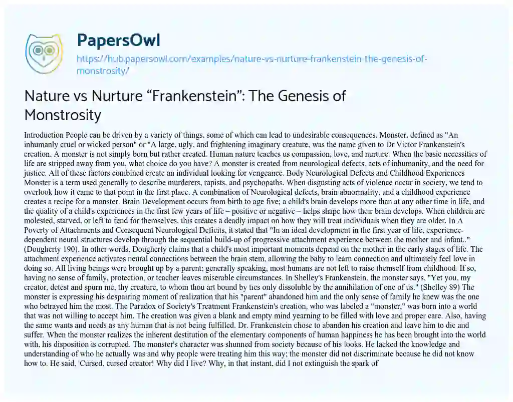Essay on Nature vs Nurture “Frankenstein”: The Genesis of Monstrosity