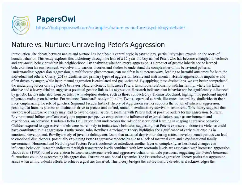 Essay on Nature vs. Nurture: Unraveling Peter’s Aggression